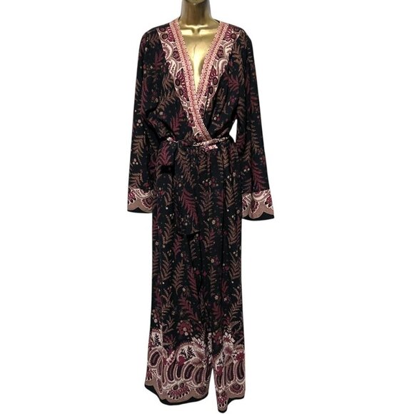 One September Jumpsuit XL Wide Leg Wrap Bodice Embroidered Black Burgundy Resort - Picture 5 of 12